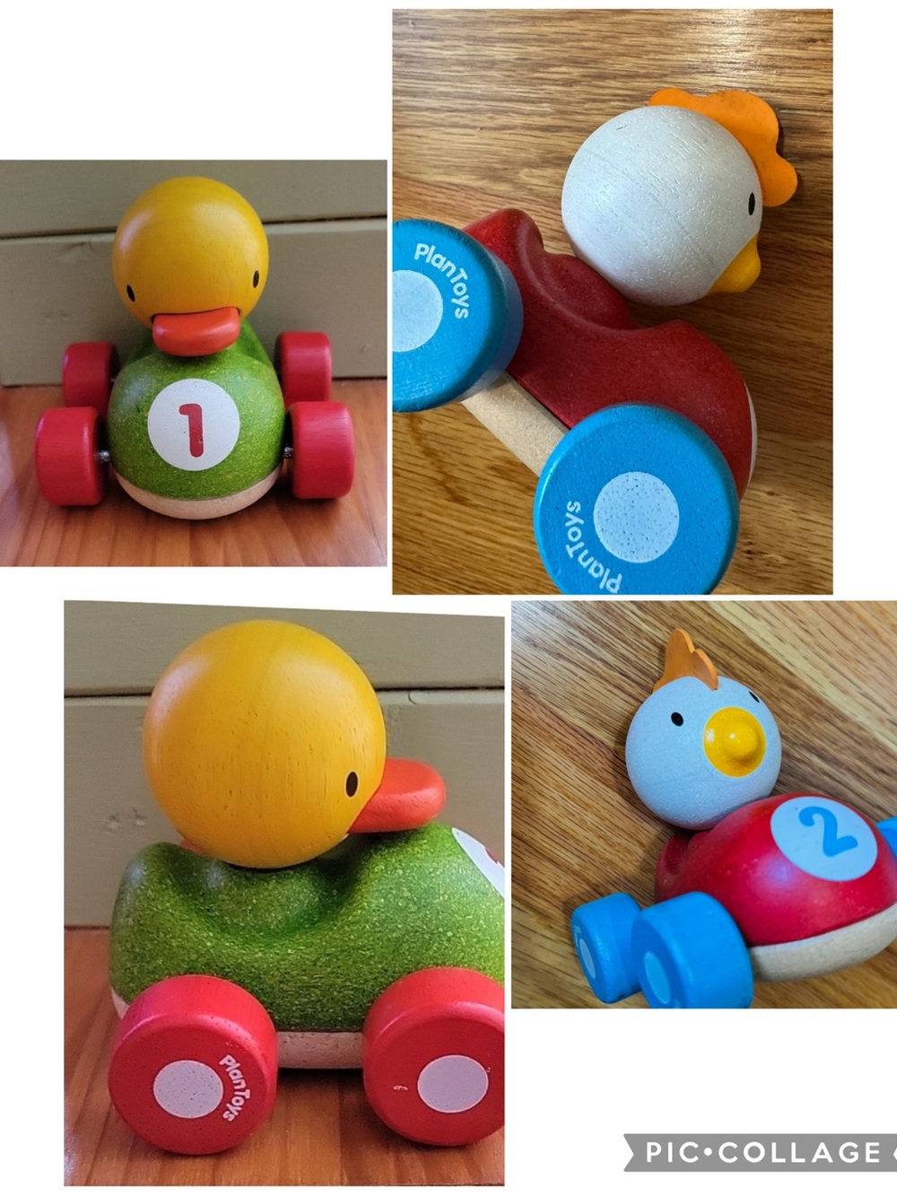 Set of 2 plan toys #1 and #2 wood Pull-Along duck chicken rooster Toy